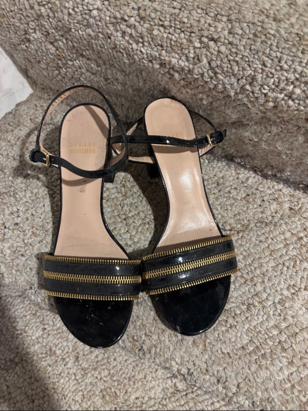 Stuart Weitzman Black Patent Sandals with Gold Zipper Bands
